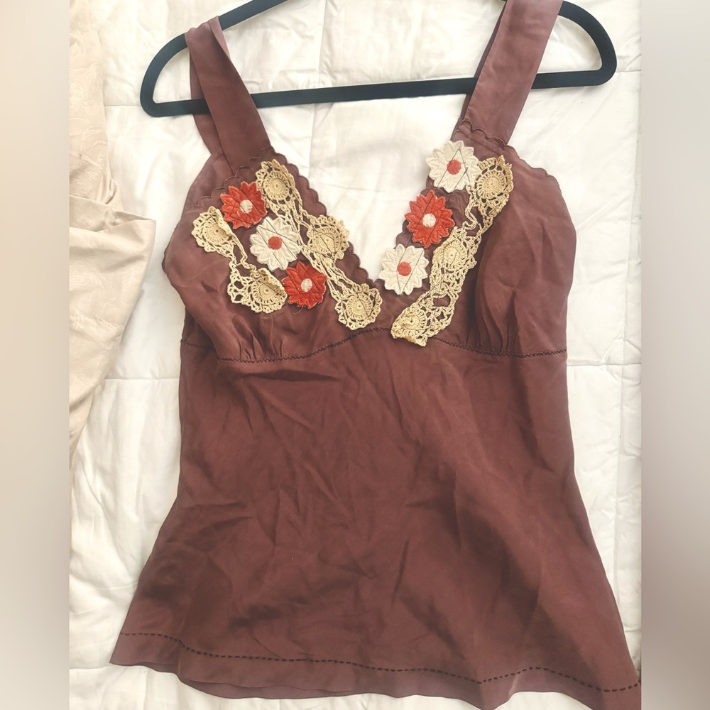 Free People Brown Floral Embroidered Women's Top in silk